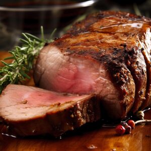 Arrosto succoso e tenero appena sfornato, servito su un piatto con contorni colorati.