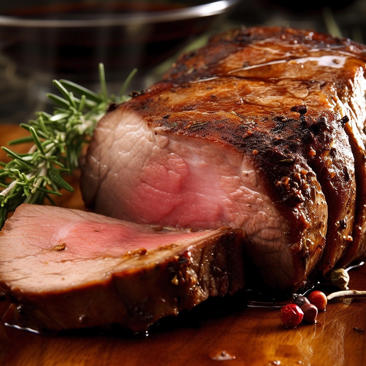 Arrosto succoso e tenero appena sfornato, servito su un piatto con contorni colorati.