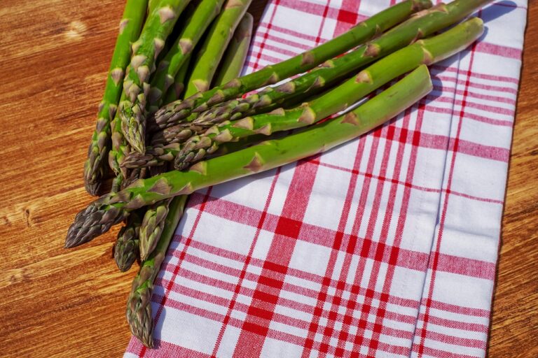 Asparagi freschi in un piatto, pronti per essere cucinati e controllati al tatto.